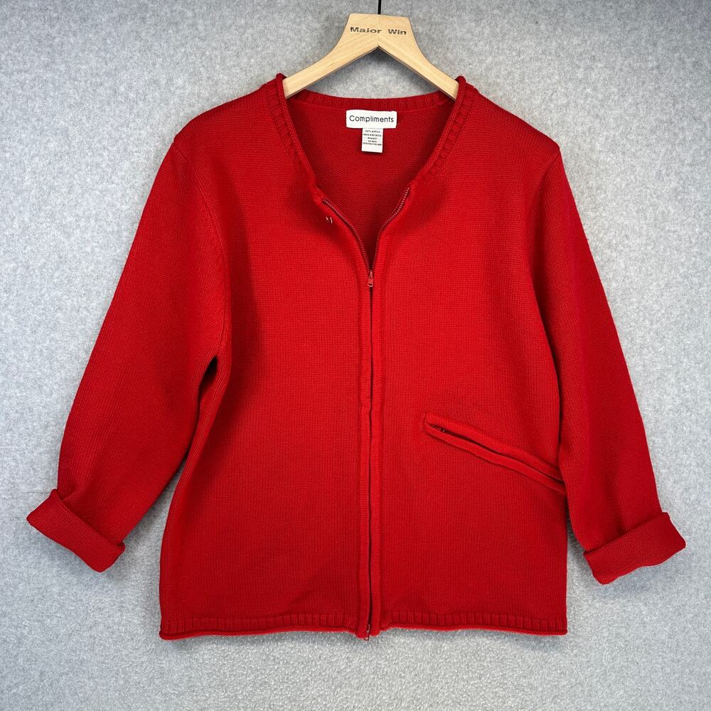 Compliments Sweater Womens Size Large 
Red Acrylic Full Zip Cuff Sleeve Cardigan